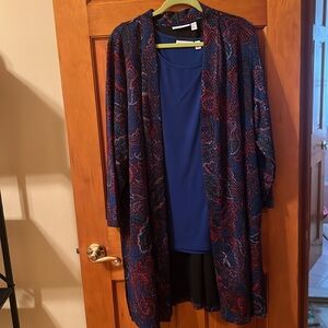 Susan Graver Navy Blue and Red Open-Front Cardigan
